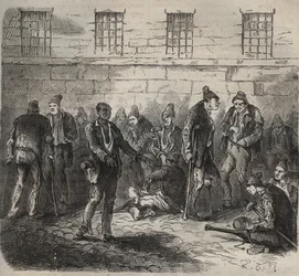 Forças doentes no Toulon Bagne, no século XIX. Gravação em "Histoire des bagnes depuis leur création à nos jours" (1877) de Pierre Zaccone (1817-1895) (Colonia Penale - colônia penal). Coleção particular.