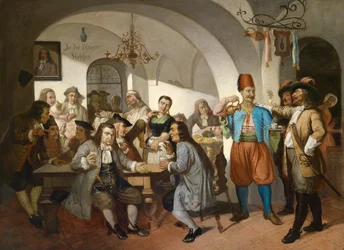 "Old Vienna Coffee House Scene" Pintura anónima cerca de 1900 Dim 63x100 cm Colecção Privada