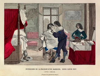 Interior de uma casa de barbeiro em Paris sob o reinado do rei Luís XIII no século XVII - Interior de uma casa de barbeiro, reinado do rei Luís XIII de França Século XVII - colecção privada
