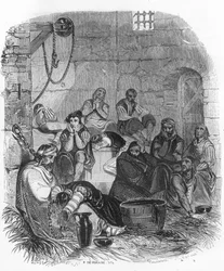 Interior de uma prisão da Inquisição - Ilustração em "Mysteres of the Inquisition and Other Secret Societies of Spain" Por Victor de Fereal, Suberwick, Manuel Galo de Cuendias. Publicado por P. Boizard