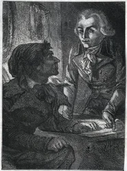 Jean-Paul (Jean Paul) Marat (1743-1793) com Maximilian por Robespierre (1758-1794). Gravura de 1866 em "Histoire de la Revolution francaise", de Adolphe Thiers. Coleção privada.