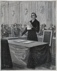 Jean Baptiste (Jean-Baptiste) Andre Dumas (1800-1884) químico francês apresentou à Academia de Ciências o seu relatório sobre a invenção Ruolz e Elkington. Gravura de 1885 em "Les arts et metiers illustres" de Adolphe BITARD.