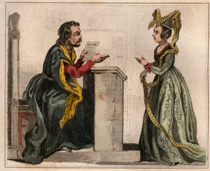 Jehan Pastoret (1328-1405), Presidente do Parlamento de Paris sob o reinado de Carlos V com uma mulher nobre, vestindo um liripião. Gravura de 1859 em "Le Monde. História de todos os povos desde os tempos mais remotos até os dias de hoje". por M. E. de Los