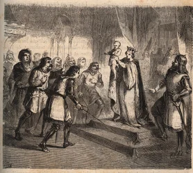 Joana da Flandres (1295-1374), esposa de Jean de Montfort, Duque da Bretanha (1293-1345) apresenta seu filho, João IV da Bretanha, Conde de Montfort (conhecido como o corajoso ou o conquistador
