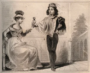 João II de Valois, Duque de Alencon (1409-1476) com Marie de Fayel. Gravura de 1859 em "Le Monde. História de todos os povos desde os tempos mais remotos até aos nossos dias". por M. E. de Lostalot-Bachoue (Lostalot Bachoue). Coleção particular.