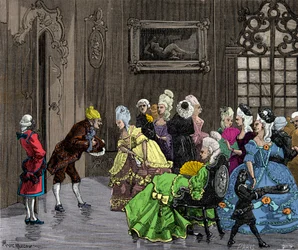 Joseph (Giuseppe) Balsamo (1743-1795), dit Alessandro Comte de Cagliostro recebido pela nobreza em Versalhes por volta de 1750, Gravura, Coleção Privada
