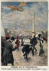 Jules Charles Toussaint Vedrines (1881-1919) está em contravenção: do topo do seu monoplano, ele atira panfletos com a inscrição "Give aeroplanes to France" sobre a Place de la Concorde em Paris. Gravura no "Le Petite Journal", em 4/02/19