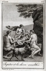 Criança de Júpiter alimentada pela cabra Amalthee. Gravura de 1819 em "Lettres a Emilie sur la mythologie" de Charles Albert Demoustier (1760-1801). Coleção privada.