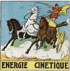 Energia cinética: aurige na época do Antiquite conduzindo um tanque arrastado por cavalos. Ilustração anónima de 1925. Coleção particular.