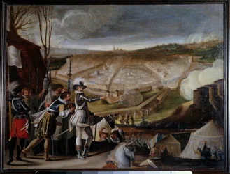 Acampamento do Rei Henrique IV (1553-1610) no cerco de uma cidade Esta é certamente a sede da cidade de Amiens em 1597. Pintura anónima. Sol 0,39x0,53 m