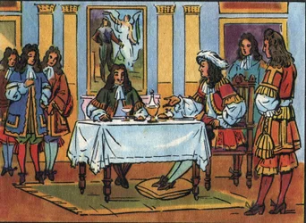 O rei Luís XIV (1638-1715) recebeu o comediante e dramaturgo Jean Baptiste Poquelin dit Moliere (1622-1673) durante um café da manhã na presença da corte no castelo de Versalhes. Ilustração anônima na "Collection des souverains et chefs d