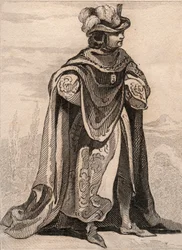 Cavaleiro da Ordem de Nossa Senhora do Cardo. Gravura de 1859 em "Le Monde". História de todos os povos desde os tempos mais remotos até aos nossos dias". por M. E. de Lostalot-Bachoue (Lostalot Bachoue). Coleção particular.