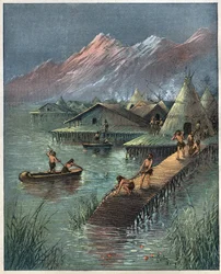 Lake Village, Prehistoric Lake Cite (Village bati sur stilotis) (The palafitte, Palafitta) Gravação a partir de 1892.