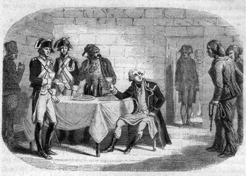 Último momento do Duque Armand Louis de Gontaut de Biron, general em chefe das Armas do Reno e Var; morreu 1793 - Gravura em "Histoire des Girondins" de Alphonse de Lamartine (1790-1869) 1865-1866. Coleção Particular