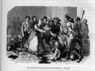 Le Devouement de Madame de Sombreuil - Melle (Mademoiselle) (Marie) de Sombreuil (1774-1823) heroína da revolução - Gravura em "Histoire des Girondins" de Alphonse de Lamartine (1790-1869) 1865-1866 Coleção Privada