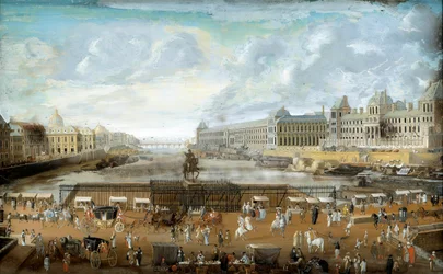 A Pont Neuf vista da entrada da Place Dauphine, o Quai Malaquais com o Collège des Quatre-Nations e a Grande Galerie e o Louvre. 1669. Paris, Musée Carnavalet