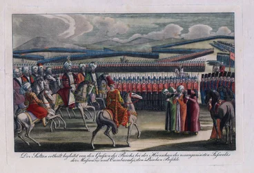"Sultão Otomano Selim III (1761-1808) revendo a sua nova infantaria" Gravura anónima 1806 Colecção privada