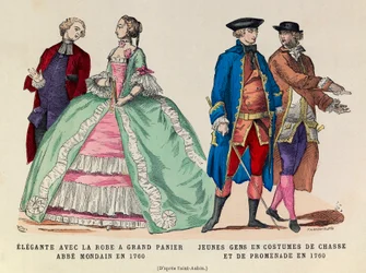 Esquerda: Elegante com um vestido de cesta grande, mondain abbe em 1760/direita: Jovens de caça e traje de passeio em 1760 (regne do rei Luís XV) - coleção particular