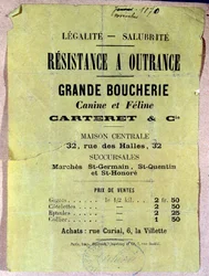 Legalite - Saneamento. Resistência ao Outrance. Grande carniceiro canino e felino... Cartaz mostrando o preço da carne de cão e de gato para os habitantes de Paris durante o cerco, durante a Comuna de 1870.