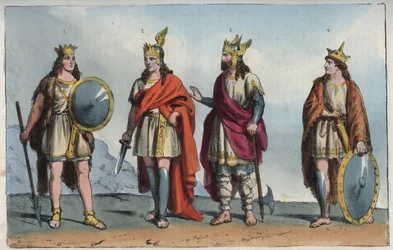 Os Merovíngios - dinastia merovíngia - Faramundo ou Faramund - Clódio (Clodius, Clodion, Cloio ou Chlogio), Clódio o Cabeludo (c. 390-c. 450) - Meroveu (Mérovée ou Merowig, c. 412-457) e Clóvis (c. 466-511) - gravura de «Usi e Costumi di»