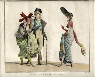 Les Merveilleuses, Anónimo . Gravura em cobre, aguarela