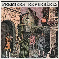 Fontes de luz: os primeiros reverberes instalados na França em 1677. Ilustração anónima a partir de 1925. Coleção privada.