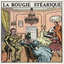 Fontes de luz: a vela esteárica usada em candelabros no século XIX. Ilustração anónima a partir de 1925. Colecção privada.