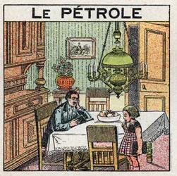 Fontes de luz: utilização da lâmpada de petróleo. Ilustração anónima a partir de 1925. Colecção privada.