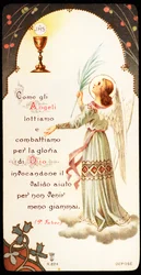 Como os anjos que lutamos e lutamos pela glória de Deus Imagem piedosa com um cálice e uma hóstia na qual vemos o monograma de Jesus Cristo, JHS (JHS). Coleção Particular do Século XX