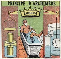 Equilíbrio líquido: Princípio Archimede (empurrar corpos para dentro de água). Enquanto tomava banho, Arquimede de Siracusa (287 a.C.-212 a.C.) notou que a sua perna pesava mais fora da água do que na água e gritou "Eureka! “. Ilustração anônima de 1925. P