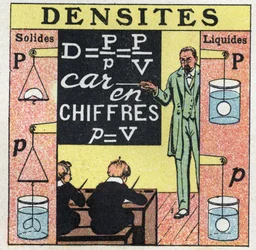 Equilíbrio líquido: um professor que ensina densidade sólida e densidade líquida tem alunos em uma sala de aula. Ilustração anônima de 1925. Coleção particular.