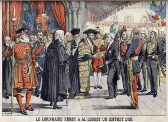 Londres, Grã-Bretanha. Sir Marcus Samuel apresenta o Presidente Emile Loubet com uma caixa dourada após a recepção no Guildhall. Le petit Journal, Julho de 1903.