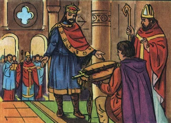 Luís I o Pio ou o Debonário (778-840) voltou à posse da sua espada confiscada pelo clero. Ilustração anónima na "Collection des souverains et chefs d