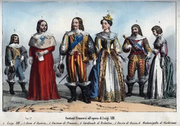Luís XIII - Ana da Áustria (1601-1666) (Ana da Áustria) - Gaston da França (Gaston, Duque de Orleans) - Armand Jean du Plessis, Cardeal de Richelieu - Henri II de Guise (Henrique II, Duque de Guise) - Anne-Marie Budes de Guebriant - gravura de "Usi e