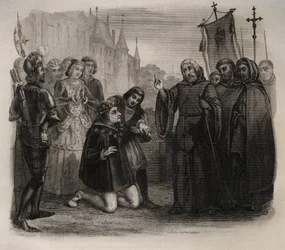 Luís XI (1423-1483) pedindo sua guerrilha a François de Paule (1416-1507) Gravura de 1846 em "Vidas dos Santos". Coleção privada.