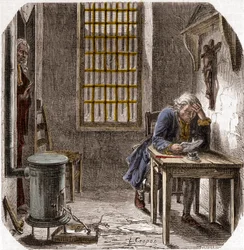 Luís XVI (1754-93) Lendo seu último testamento no Templo 1792 - Luís XVI lendo seu testamento na torre do Templo em 25 de dezembro de 1792 - Gravura no "Histoire des Girondins" de Alphonse de Lamartine (1790-1869) 1865-1866 - Coleção particular