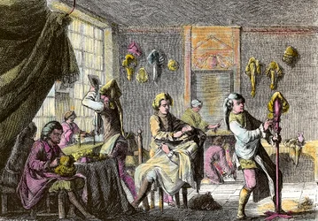 Moda Luís XV: vista para o interior de um cabeleireiro de peruca. Gravura por volta de 1755. Colecção privada