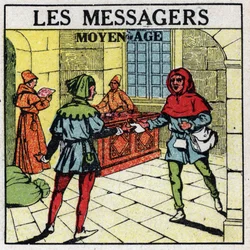 Correio: Mensageiros na Idade Média. Ilustração anónima de 1925. Coleção privada.
