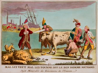 Mal o quer errado, disse o bom homem Richard, o sujeito memorável das revoluções do universo. Cartoon contra a Inglaterra. 1780, Coleção Privee (comércio britânico como uma vaca leiteira. As imagens incluem: Grã-Bretanha como um leão adormecido; Congresso 
