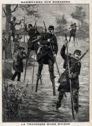 Manobras no echasse: a travessia de um rio pelos militares franceses até Mont de Marsan (Mont-de-Marsan) guiados pelos ecassiers das Landes para estabelecer uma linha telegráfica. Gravação. Em "Le Petro Parisien", em 17/12/1899. Coleção privada.
