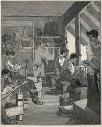 Fabricação de pentes em uma oficina na França no século XIX. Gravura de 1885 em "Les arts et metiers illustres" de Adolphe BITARD.
