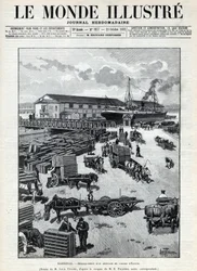 Comércio marítimo: descascamento de uma chegada de codornizes do Egito no porto de Marselha. Um jornal. Gravura em "Le monde illustree" de 1892. Colecção privada.