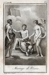 Casamento entre Marte e Vénus. Gravura de 1819 em "Lettres a Emilie sur la mythologie" de Charles Albert Demoustier (1760-1801). Coleção privada.