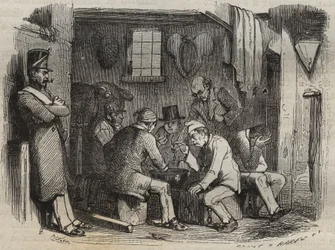 Refeição dos forcats no Rochefort Bagne, no século XIX. Gravura em "Histoire des bagnes depuis leur création à nos jours" (1877) de Pierre Zaccone (1817-1895) (Colonia Penale - colônia penal). Coleção particular.
