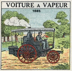 Tração mecânica: carro a vapor do Marquês Albert de Dion (1856-1946), em 1885. Ilustração anónima a partir de 1925. Coleção particular.