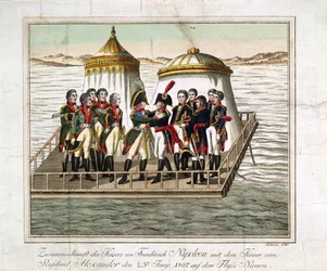 Encontro dos Imperadores Alexandre I da Rússia e Napoleão I da França no Neman perto de Tilsit - Anônimo - 1807 - Gravura, aguarela - 29,7x39,7 - Coleção Privada