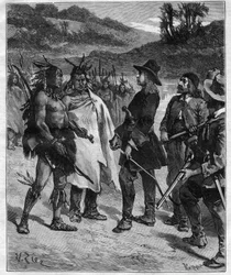 Encontro de Robert Cavelier de La Salle (1643-1687) com os índios da América perto do Lago Peoria gravada no "Journal des voyages" de 1889