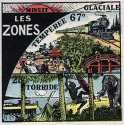 Meteorologia: distribuição de calor na terra e diferentes climas (quente, temperado, zonas polares). Ilustração anónima de 1925. Coleção privada.