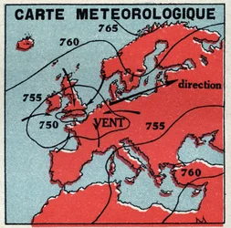 Meteorologia: mapa meteorológico. Ilustração anónima de 1925. Coleção privada.