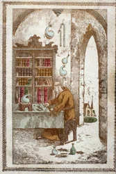 Monge preparando plantas para destilação. Gravura do século XIX.